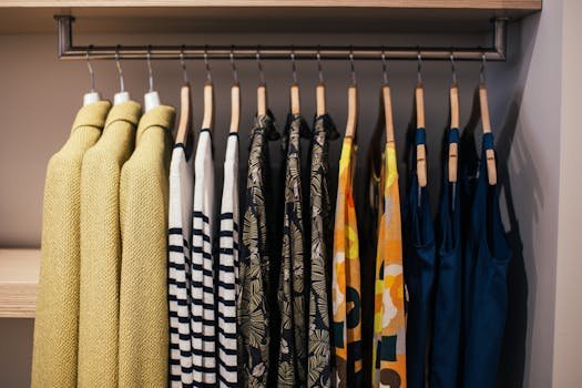 Vibrant clothing collection neatly arranged on hangers in a modern indoor closet.